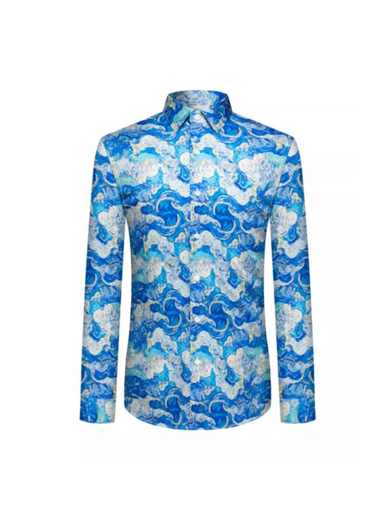 Camicia In Cotone Ad Asciugatura Rapida Con Stampa A Onde