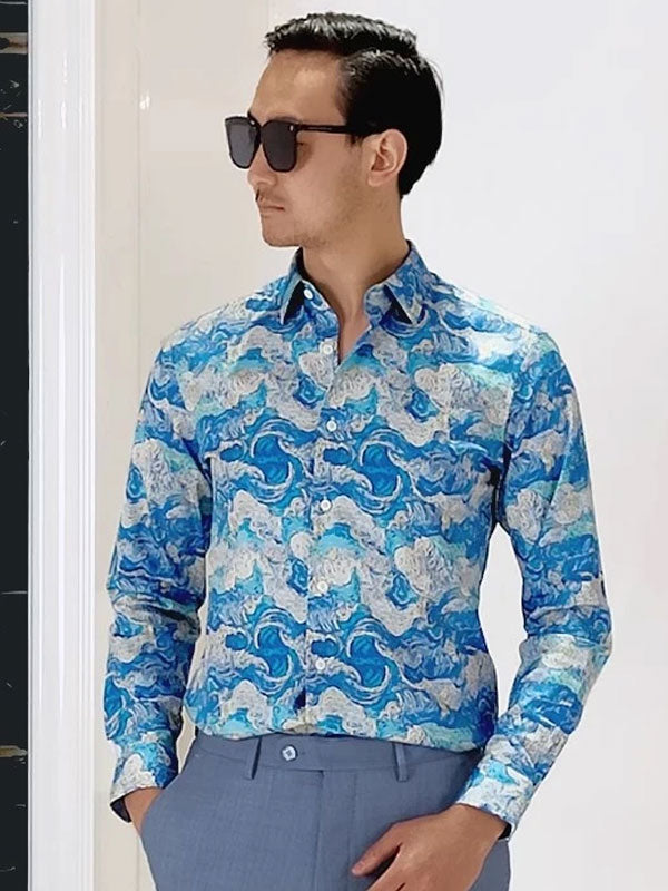 Camicia In Cotone Ad Asciugatura Rapida Con Stampa A Onde