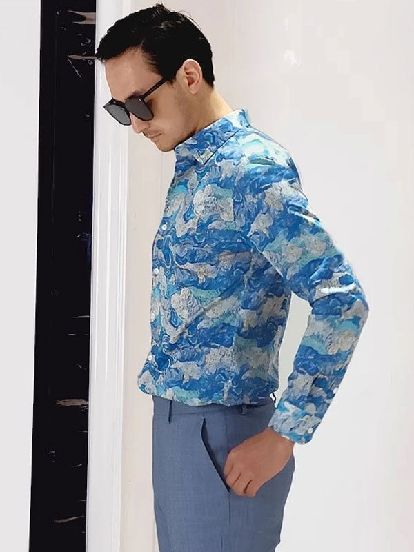 Camicia In Cotone Ad Asciugatura Rapida Con Stampa A Onde
