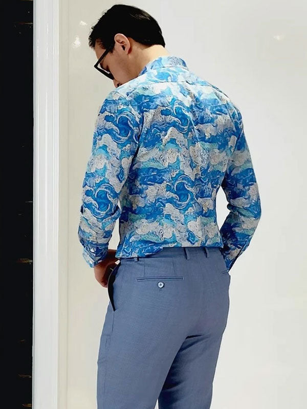 Camicia In Cotone Ad Asciugatura Rapida Con Stampa A Onde